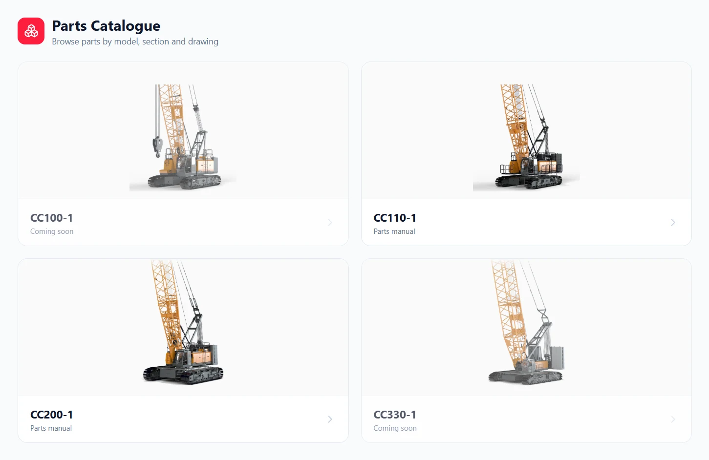 Choosing a crane model in the PVE AMERICAN Parts Catalogue