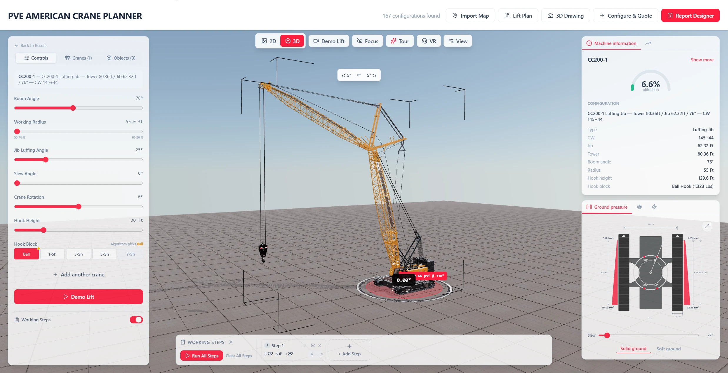 The complete Lift Planner with controls, machine information, ground pressure and working steps