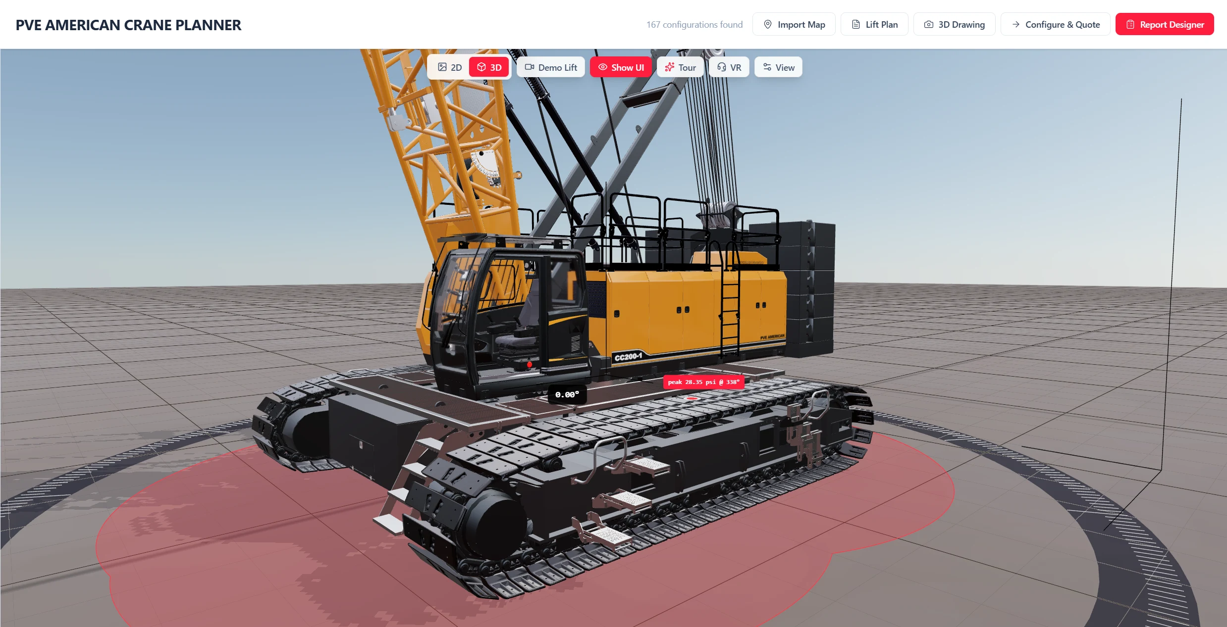 A CC200-1 crawler crane in the Lift Planner 3D scene