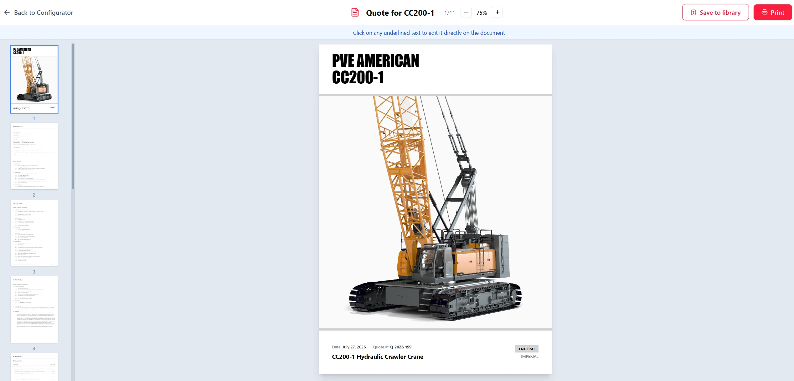 A finished quote document for a CC200-1 in the Quote Configurator